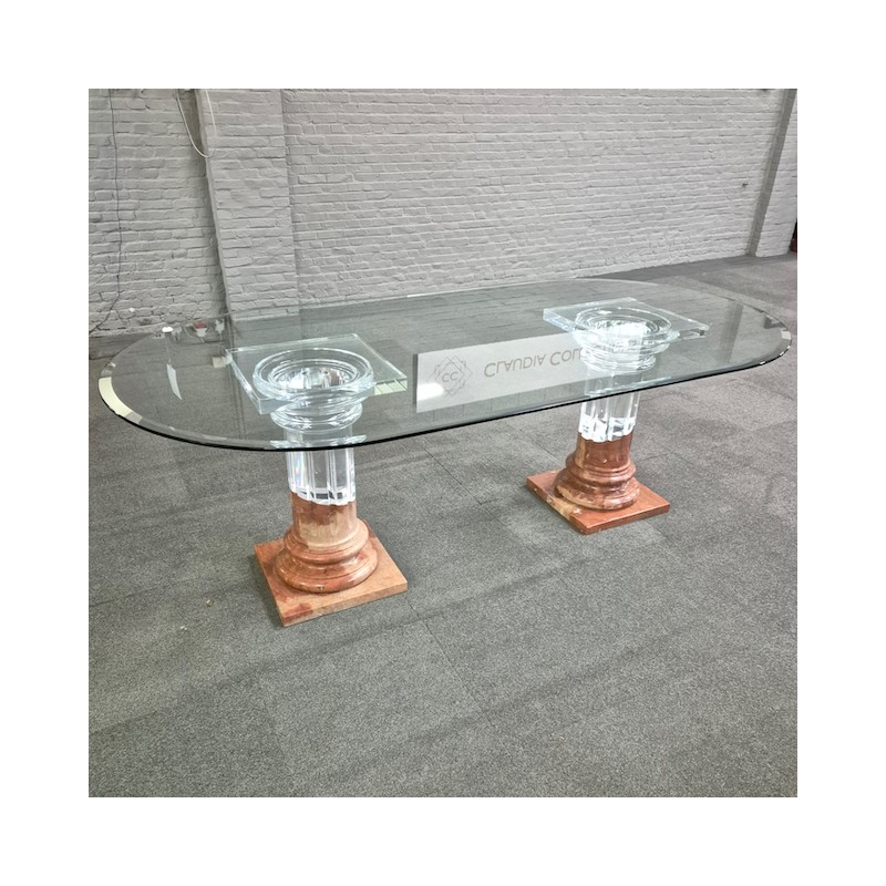 Dinning table by FabianArt with 2 doric columns marble & acrylic - Italy 1980's