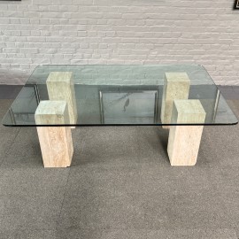 Travertine salontafel met glazen blad - 1980's