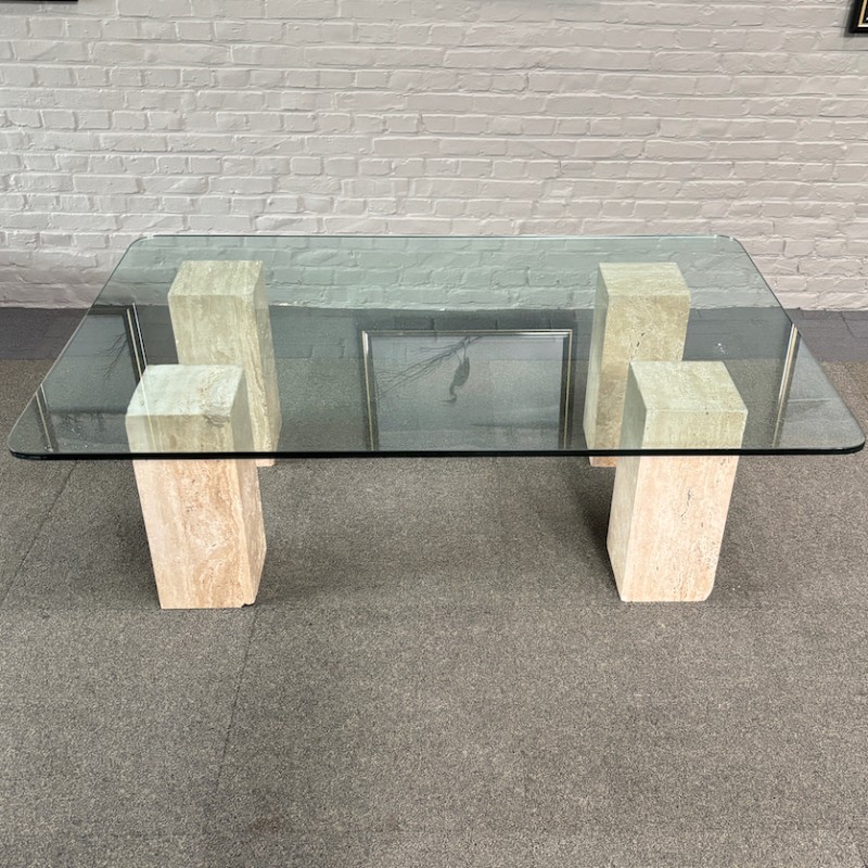Travertine salontafel met glazen blad - 1980's