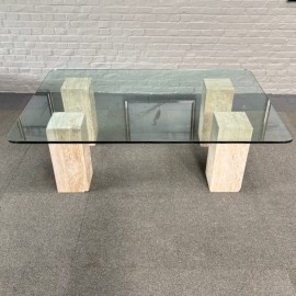 Travertine salontafel met glazen blad - 1980's