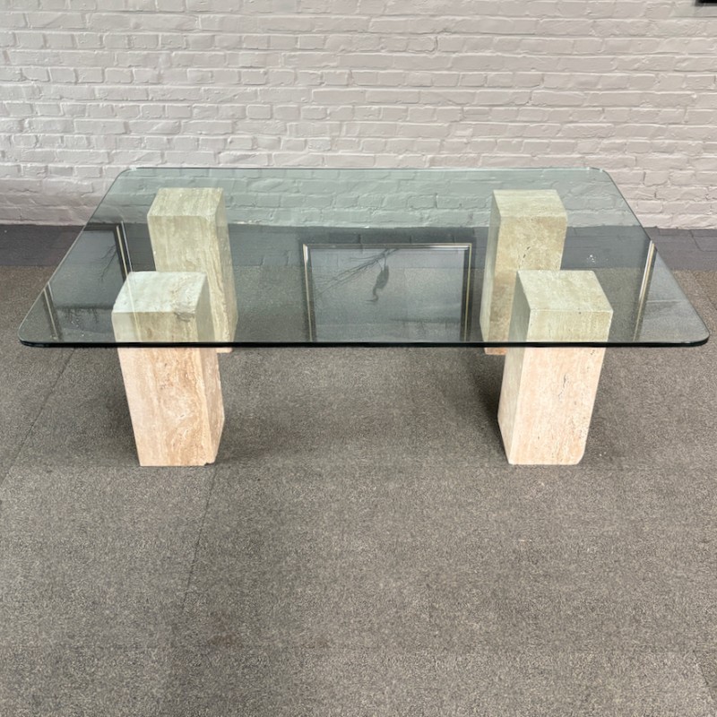 Travertine salontafel met glazen blad - 1980's