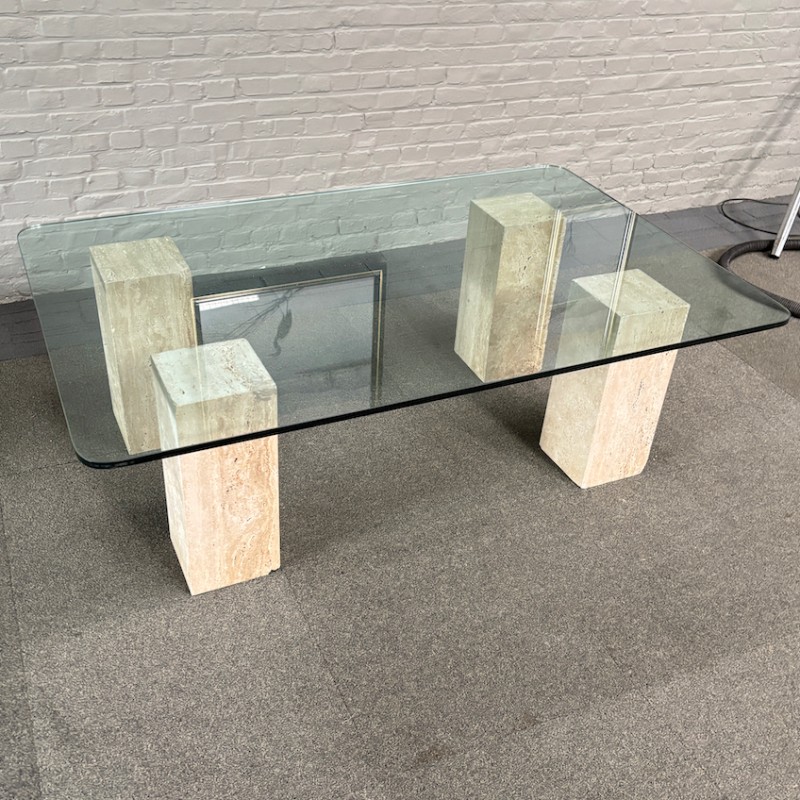 Travertine salontafel met glazen blad - 1980's