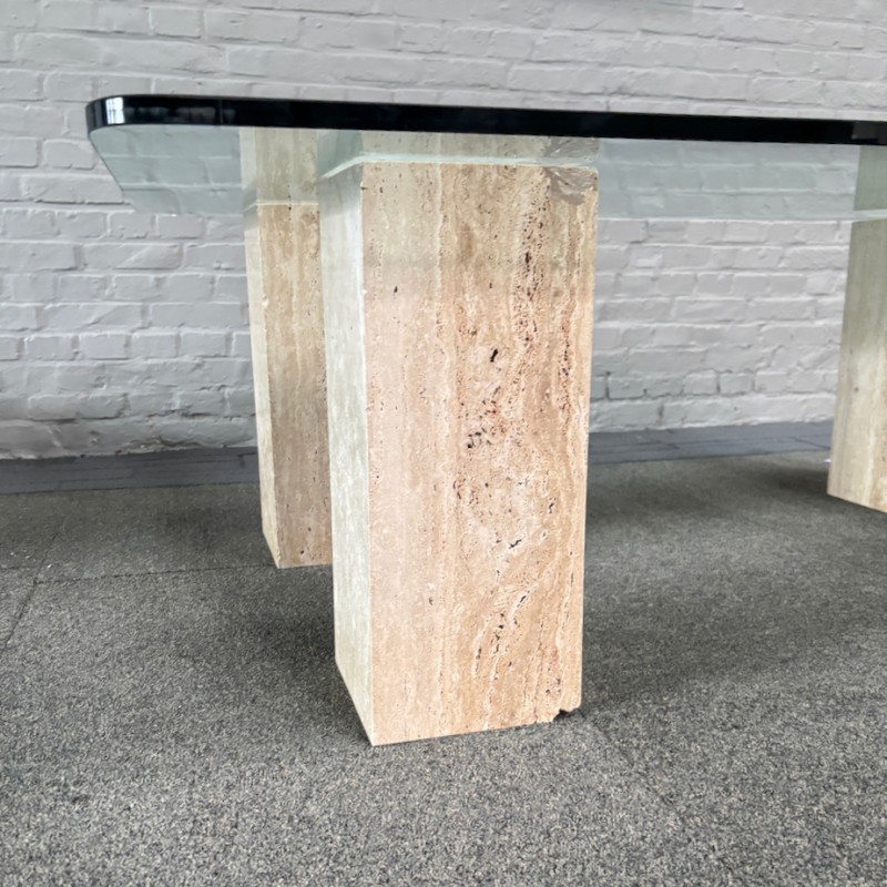 Travertine salontafel met glazen blad - 1980's