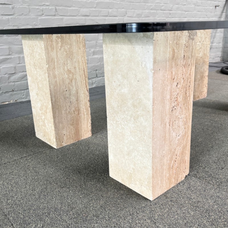 Travertine salontafel met glazen blad - 1980's