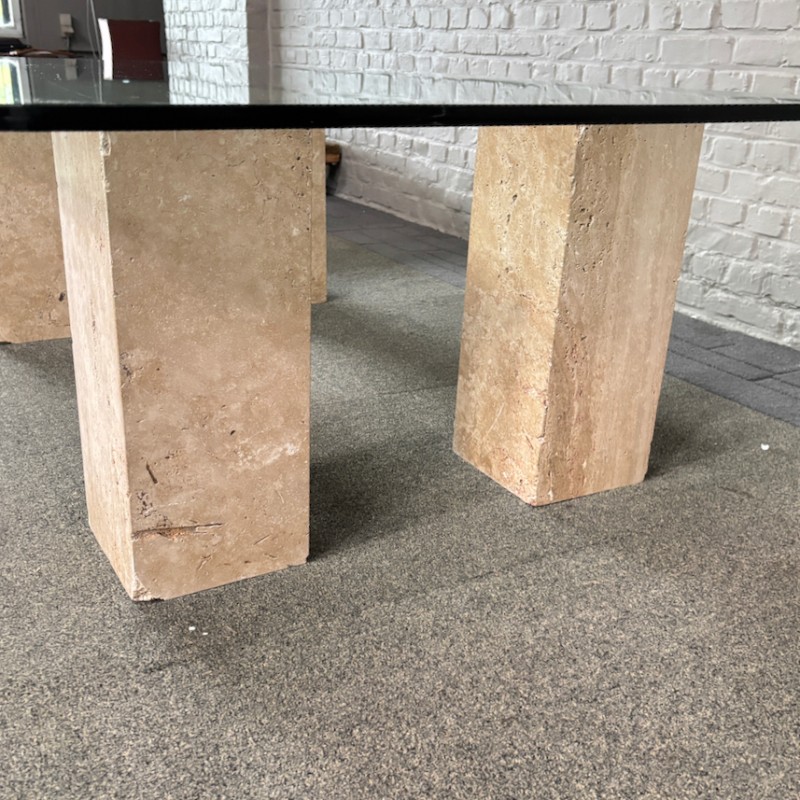 Travertine salontafel met glazen blad - 1980's