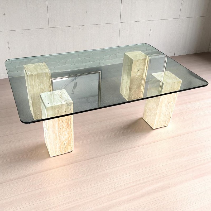 Travertine salontafel met glazen blad - 1980's