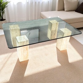 Travertine salontafel met glazen blad - 1980's