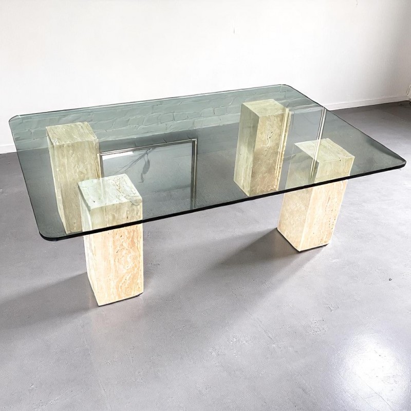 Travertine salontafel met glazen blad - 1980's