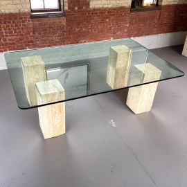 Travertine salontafel met glazen blad - 1980's