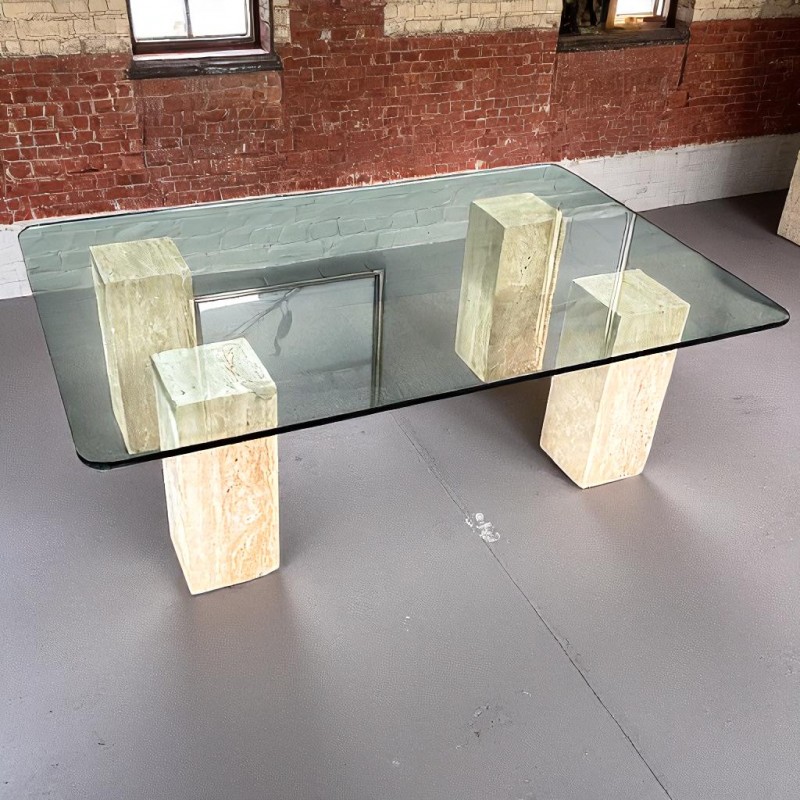 Travertine salontafel met glazen blad - 1980's