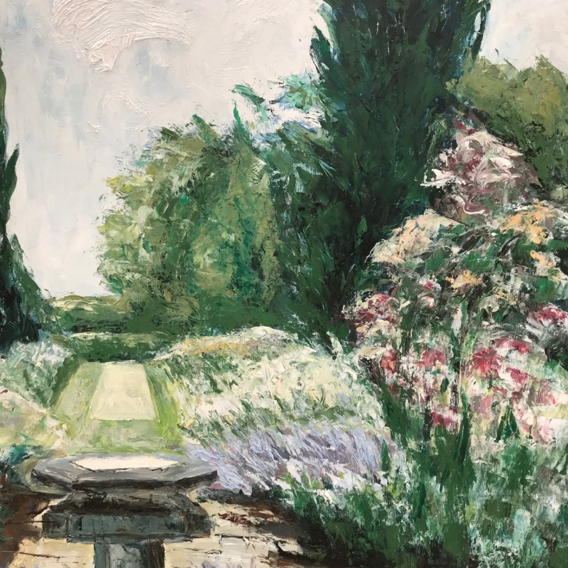 Uitzicht op een tuin, schilderij van M. Vyneke