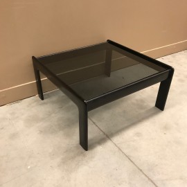 Bend oak salon table with smoked glass top