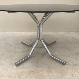Vintage glass and chrome round dining table 1970