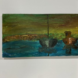 Wide view painting,  boats, oil on canvas