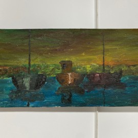 Wide view painting,  boats, oil on canvas