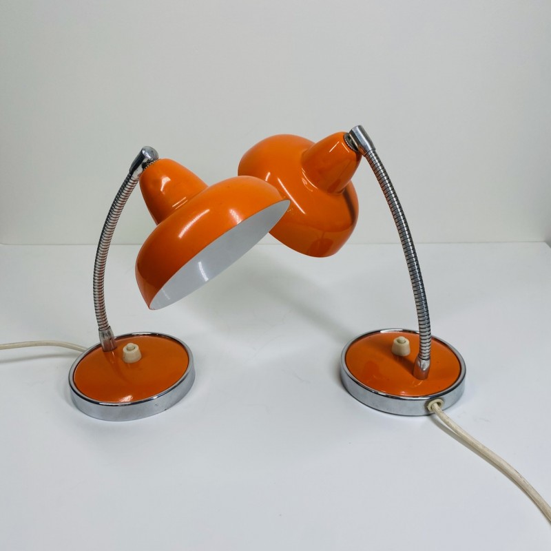 Pair small orange & chrome desk lamps