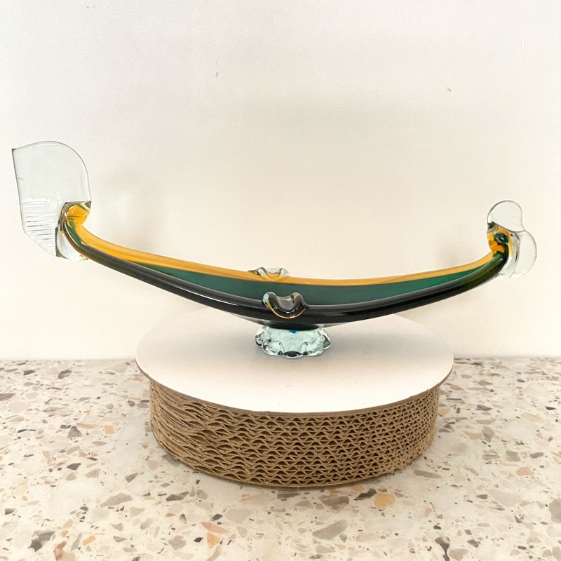 Dark green & amber Murano glass gondola- Sommerso
