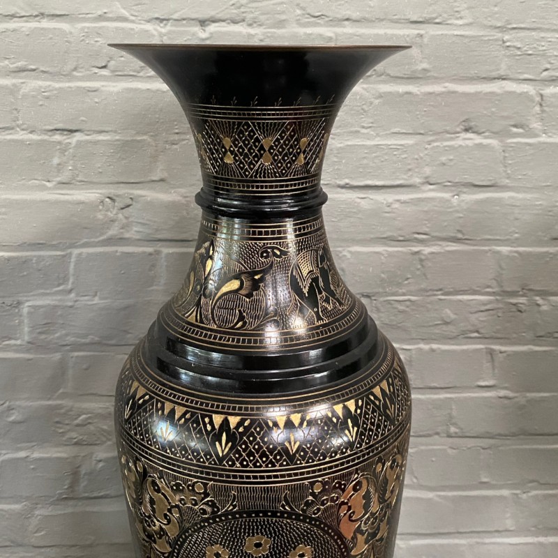 Pair of Antique Indian Etched Brass Vases