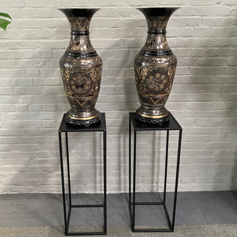 Pair of large  black & gold etched brass vases