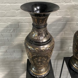 Pair of large  black & gold etched brass vases
