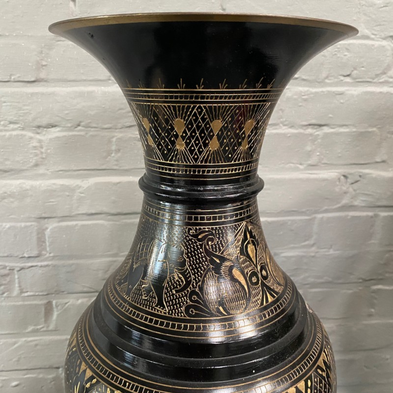 Pair of large black & gold etched brass vases