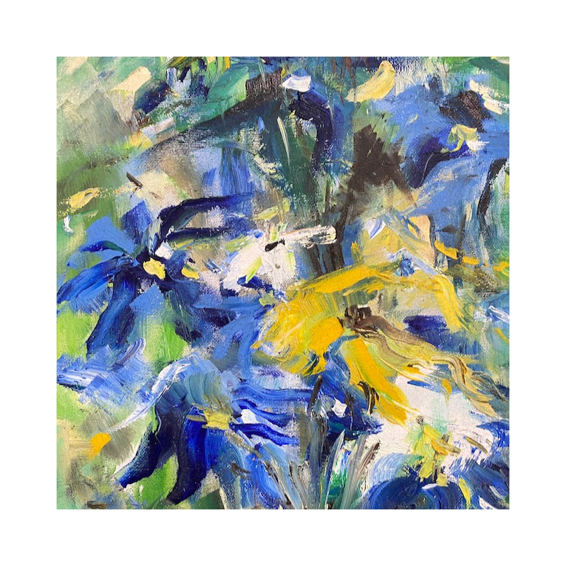 Oil on canvas painting by Christian Brasseur - Blue & yellow irises