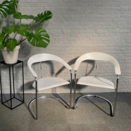 Pair white leather & chrome "Canasta" armchairs by Arrben - Italy 1980's