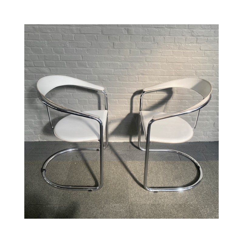 Pair white leather & chrome "Canasta" armchairs by Arrben - Italy 1980's