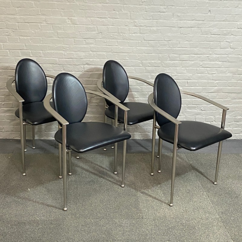 Set of 4 black leather Belgo Chrom armchairs - Belgium 1980's
